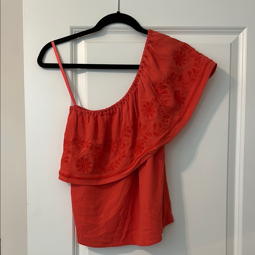Rebecca Minkoff One-Shoulder Embroidered Red Top